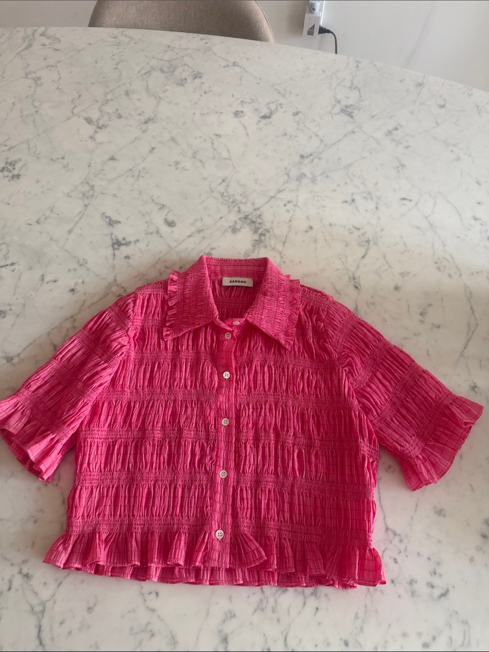 Women's ' Pink Crinkle Button-Front Top (cropped)